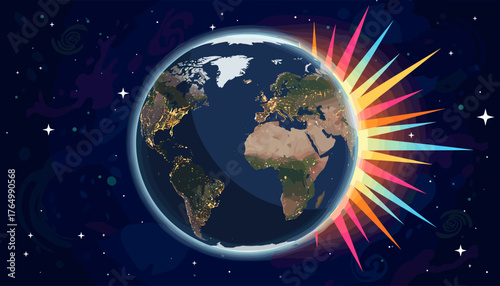 Vibrant and dynamic illustration of planet Earth at night, viewed from space, showcasing glowing city lights across continents, with a radiant burst of colorful abstract energy emanating from its