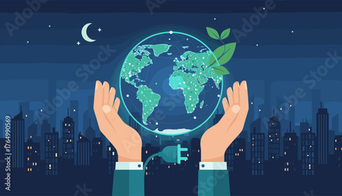 Hands cradle a glowing digital Earth at night, symbolizing global connectivity and environmental care, against a backdrop of a silhouetted city skyline and a crescent moon, with a power plug