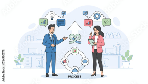 Business professionals discussing workflow and process improvement, with icons representing ideas, communication, data analysis, and teamwork, symbolizing effective business strategy and