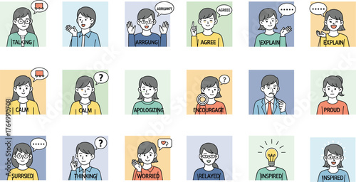 Cartoon characters expressing emotions and actions like talking, arguing, agreeing, apologizing, relaxing, thinking, encouraging, explaining, and inspired.