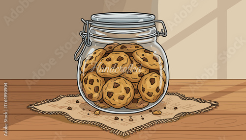 A charming illustration of a rustic glass jar overflowing with delicious homemade chocolate chip cookies, resting on a textured burlap mat on a wooden table, with soft shadows suggesting a cozy