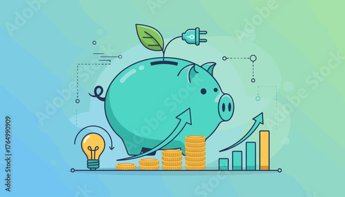 Vibrant illustration of a piggy bank with a sprouting leaf and an electric plug, symbolizing energy saving and financial growth, alongside stacks of coins and a bar chart indicating increasing