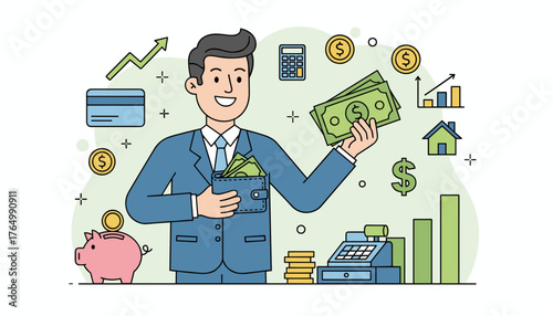 Happy businessman in a suit holding cash and a wallet, surrounded by financial icons like piggy bank, credit card, calculator, coins, charts, and a cash register, symbolizing salary, wages, income