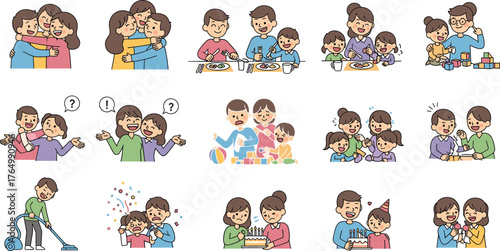 "Cartoon Family Life Scenes, Parenting Moments, Emotional Bonding, Happy Children, Home Activities, Celebration, Love and Care Vector Set"