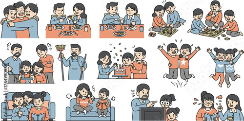 "Cartoon Family Activities, Emotional Parenting Moments, Happy Children, Home Life Scenes, Togetherness, Love and Care, Vector Illustration Set"