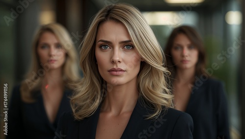 Portrait of a blonde woman in a black blazer with two blurred women in the background indoors