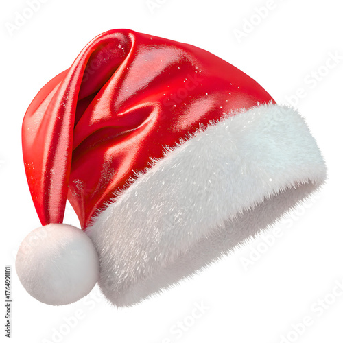 Shiny red santa claus hat with white fluffy trim and pom pom isolated on transparent background