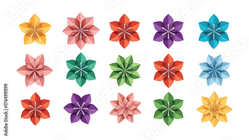 Floral Origami: Vibrant origami flowers in a variety of colors, a beautiful display of artistry and creativity, each petal meticulously folded to create a mesmerizing spectacle.