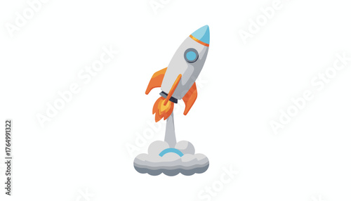 Vibrant 3D illustration of a stylized rocket launching into space, emitting fiery exhaust and billowing clouds, symbolizing innovation, exploration, and the future of technology and travel.