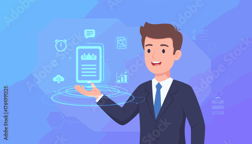 Smiling businessman in a suit presenting a digital interface with icons representing agenda, meeting, appointment, activity, information, cloud upload, search, analytics, and time management, against