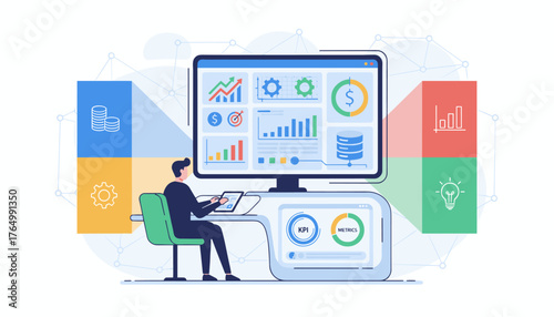 Modern business analytics concept with a person analyzing data on a computer screen displaying charts, graphs, and KPIs, representing financial growth, strategy, and innovation in a digital workspace.