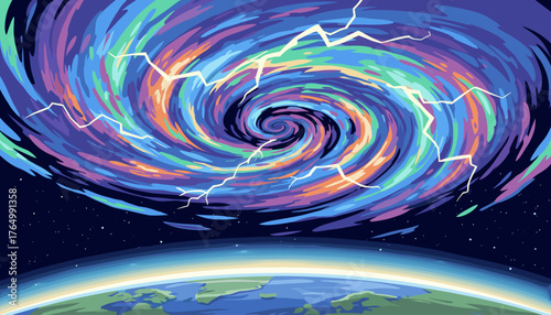 Vibrant, stylized aerial view of a massive, colorful storm system swirling over planet Earth, with lightning strikes illuminating the turbulent atmosphere against the backdrop of deep space and