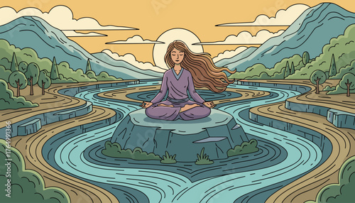 Serene woman in purple meditating peacefully on a rock in the middle of a flowing river, surrounded by lush green trees and majestic mountains under a warm, cloudy sunset sky, symbolizing inner peace