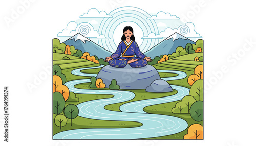Serene woman in traditional blue kimono meditating cross-legged on a large rock amidst a picturesque landscape of winding rivers, lush green hills, vibrant trees, snow-capped mountains, and cloudy