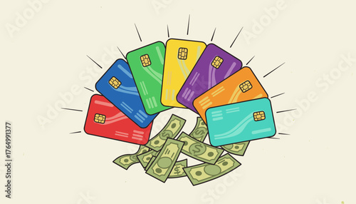 Vibrant assortment of colorful credit cards fanned out with US dollar bills scattered below, symbolizing financial options, spending, and wealth accumulation in a modern economy, isolated on a light