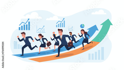 Dynamic illustration of a diverse group of business professionals in suits running uphill on a graph arrow, symbolizing competition, progress, and success in the corporate world, with charts and
