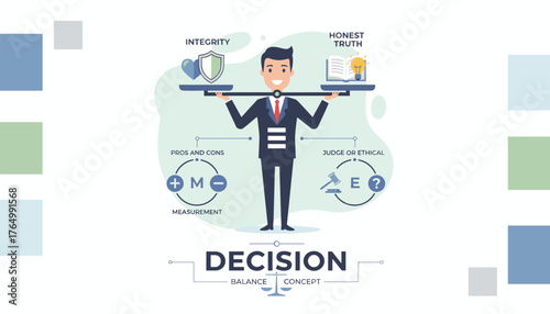Conceptual illustration of a businessman balancing integrity and honest truth on a scale, representing decision-making, pros and cons, and ethical judgment in business and life.