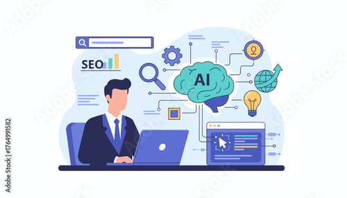 Conceptual illustration of artificial intelligence and search engine optimization, with a businessman working on a laptop, a brain icon, a search bar, a lightbulb, and a globe with an upward arrow