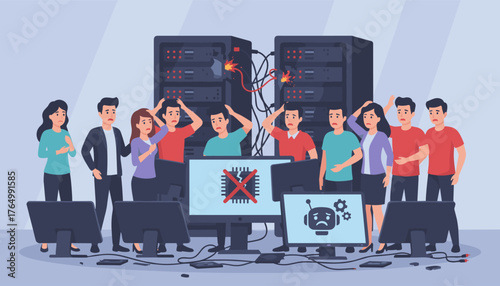 Group of distressed people reacting to computer system failure, server rack malfunction with sparks, and error messages on monitors indicating hardware and software problems, symbolizing IT crisis