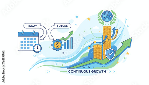 Conceptual illustration of continuous financial growth from today to the future, featuring stacked coins, upward trending graphs, a calendar, clock, gears with dollar signs, a shield, and a globe