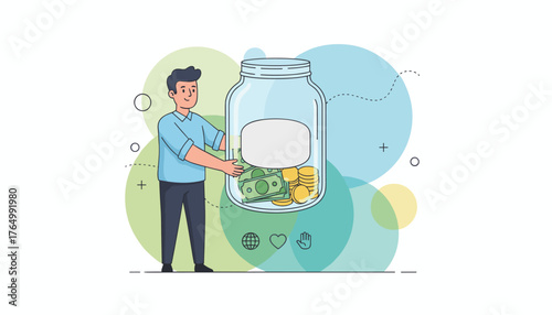 A cheerful man holds a glass jar filled with cash and coins, symbolizing savings, investment, and financial growth, with a blank label for customization, set against a backdrop of abstract colorful