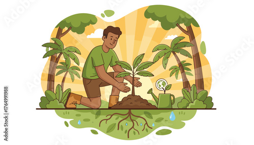 Man kneeling and planting a young tropical tree in fertile soil, surrounded by lush greenery and palm trees, with a watering can and the Earth symbol indicating environmental care, under a bright