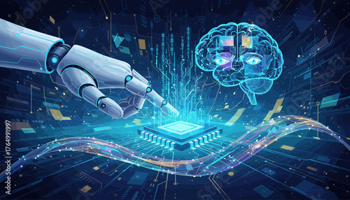 Futuristic robotic hand interacting with a glowing central processing unit, symbolizing artificial intelligence and machine learning, with a digital brain and binary code in the background