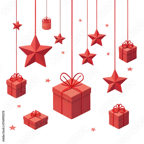 Collection of red christmas stars and gift boxes hanging with ribbons isolated on transparent background