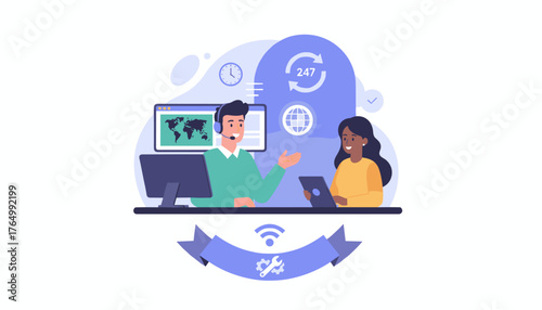 Vibrant vector illustration depicting a male customer service representative wearing a headset, interacting with a female colleague holding a tablet, set against a backdrop of a world map on a