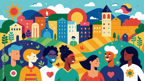 A colorful wall mural depicting a diverse community coming together.