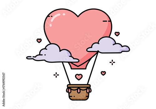 Heart-Shaped Hot Air Balloon with Clouds and Love.