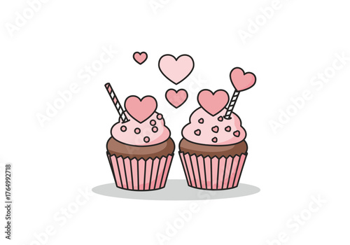 Two Valentines Day Cupcakes with Heart Decorations.
