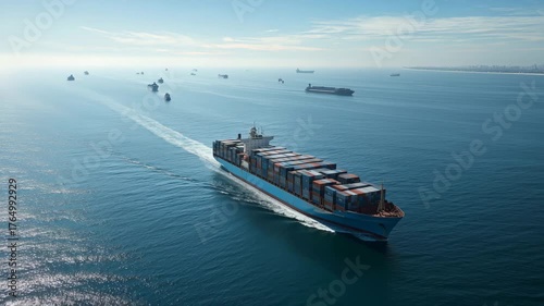 A large container ship carrying numerous containers is sailing on the sea, with several small boats nearby. the blue ocean exudes a sense of calmness and tranquility as it extends to the horizon. 