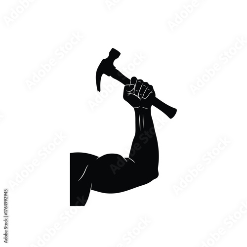 Black silhouette of a muscular arm holding a hammer silhouette