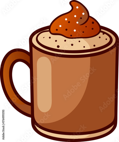 Mug with cinnamon or cocoa powder sprinkled on top , white background  