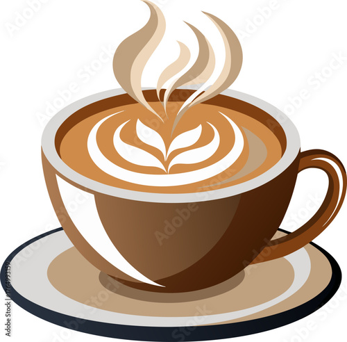 Steaming cappuccino cup with latte art , white background  