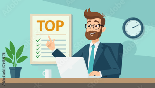 Enthusiastic businessman with beard and glasses, wearing a suit, points to a checklist with "TOP" written above, signifying excellent service or achievement, while working at his laptop in a modern
