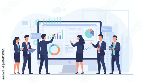 Business professionals analyzing data and charts on a large computer screen, showcasing teamwork and data-driven decision-making in a modern office setting, perfect for corporate presentations and