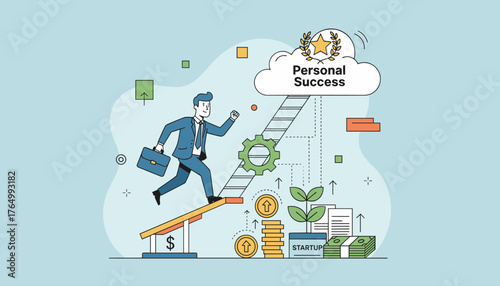 Vibrant illustration depicting a businessman in a suit ascending a ladder towards a cloud labeled "Personal Success," symbolizing career growth, achievement, and the journey of reaching one's goals