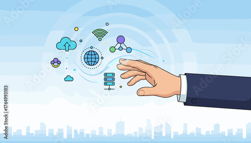 Businessman's hand reaching towards a digital network of interconnected icons representing cloud computing, global connectivity, wireless signals, and data servers, symbolizing technology and