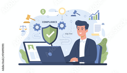 Compliance in business concept, a smiling businessman working on a laptop with legal and financial symbols, gears, and a shield indicating security and adherence to regulations, illustrating