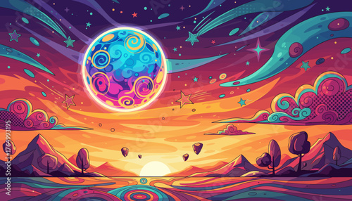 Vibrant and surreal cosmic landscape featuring a psychedelic full moon glowing with rainbow colors, set against a dramatic sunset sky filled with swirling clouds, shooting stars, and abstract