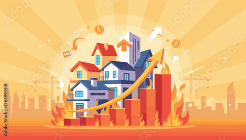Vibrant illustration depicting a booming real estate market with houses, rising bar graphs, upward arrows, and flames symbolizing rapid growth and high demand, set against a city skyline and