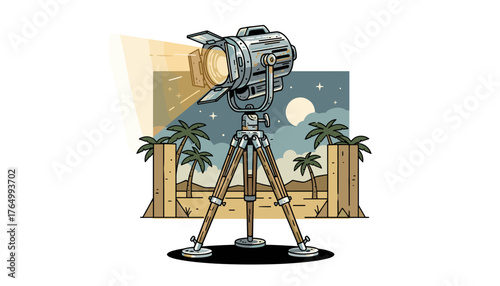 Vintage movie spotlight on a wooden tripod stand, casting a bright beam of light against a starry night sky with a full moon and palm trees, evoking a classic Hollywood film set atmosphere, cartoon