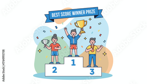 Vibrant vector illustration depicting three diverse individuals celebrating on a victory podium, holding trophies and medals, with confetti falling, symbolizing achievement, competition, and winning