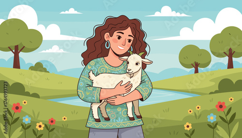 Charming illustration of a young woman with curly brown hair tenderly embracing a small, white goat in a vibrant, idyllic countryside landscape with rolling green hills, a gentle stream, colorful