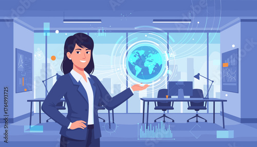 Professional businesswoman in a modern office presenting a holographic projection of the Earth, symbolizing global network connection, data analysis, and international business strategy with