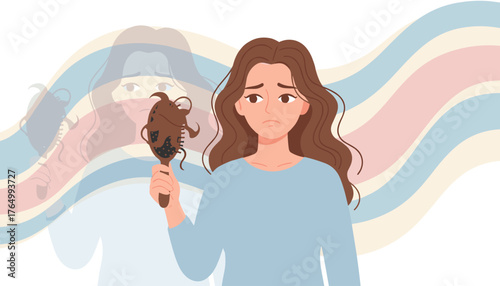 A distressed young woman holds a hairbrush filled with fallen hair, symbolizing hair loss and thinning, with a faded silhouette of herself in the background against a backdrop of soft, wavy pastel