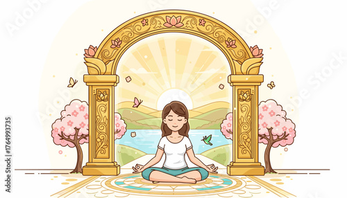 Serene woman meditating in tranquil morning light, framed by an ornate golden archway, with cherry blossom trees, butterflies, and a peaceful landscape featuring a lake and rolling hills, symbolizing