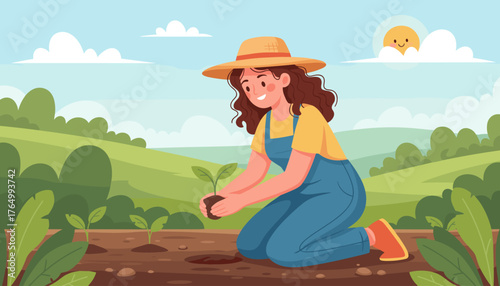 Vibrant illustration of a cheerful woman wearing a straw hat and overalls, kneeling to plant a small seedling in rich soil, surrounded by lush green fields and a bright, smiling sun in a clear blue